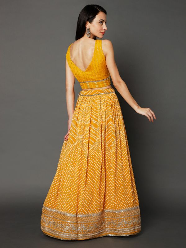 Yellow Georgette Fabric Bandhani Print In Sequins And Thread Work Lehenga Choli