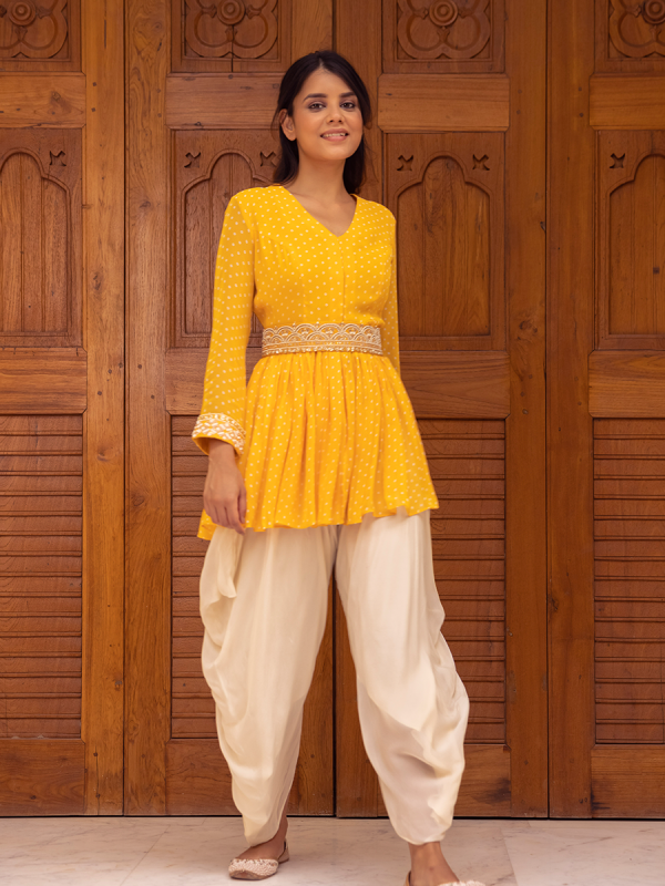 Yellow Georgette Fabric Peplum Top With Dhoti Suit