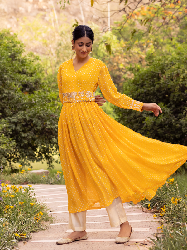 Yellow Georgette Fabric With Embroidered Belt Salwar Suit