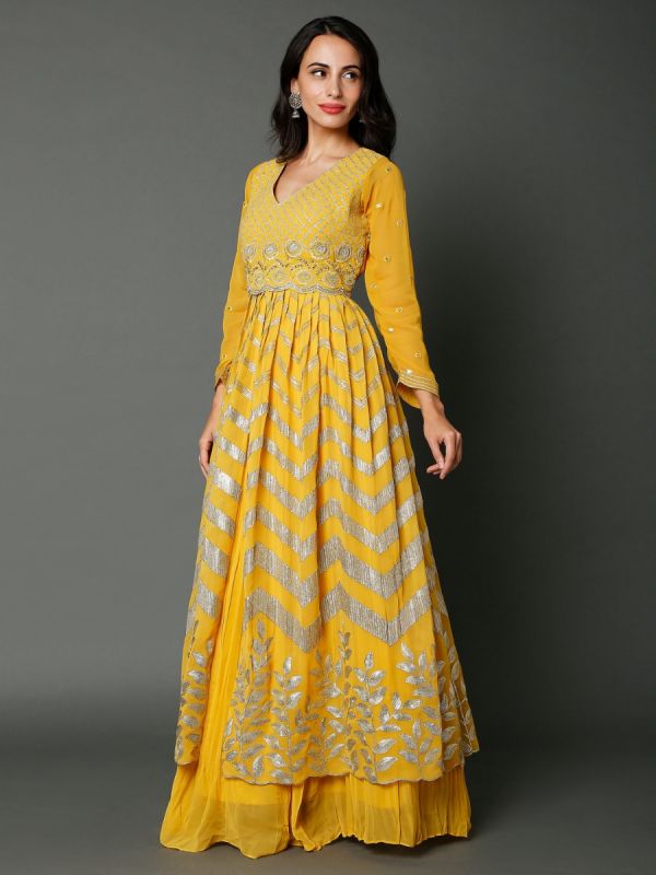 Yellow Georgette Fabric In Sequins And Thread Work Long Top Skirt With Dupatta