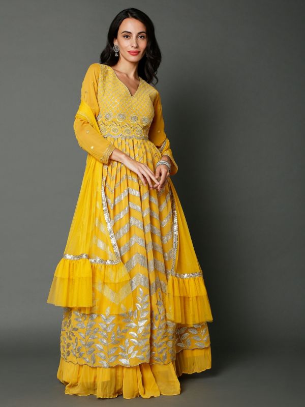 Yellow Georgette Fabric In Sequins And Thread Work Long Top Skirt With Dupatta