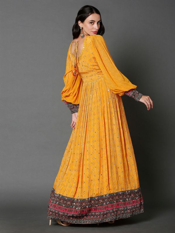 Yellow Mirror Work With Fancy Sleeves Georgette Gown