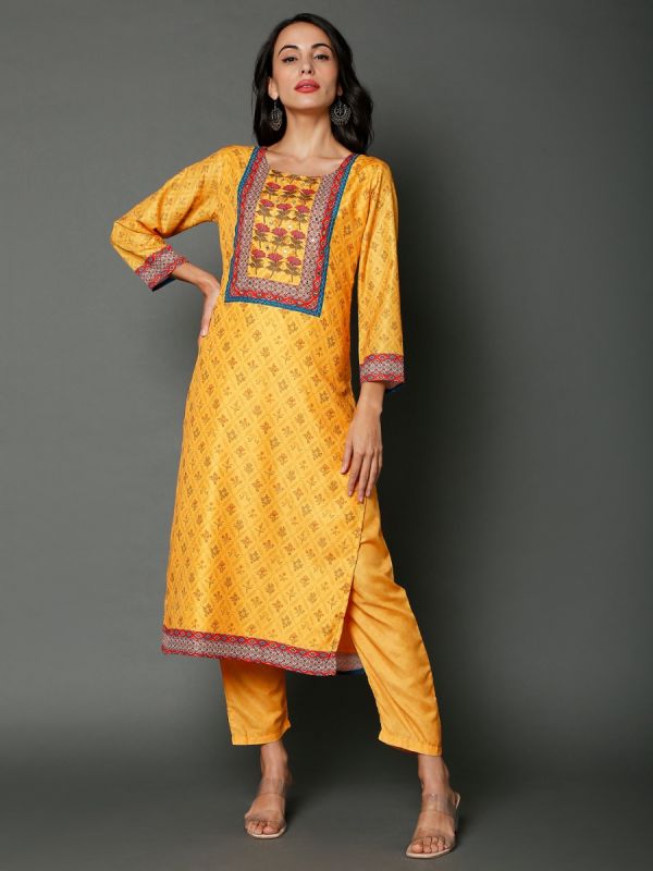 Yellow Printed Muslin Salwar Suit